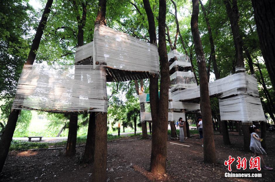 Photo prise le 3 juin 2014 montrant une cabane dans les arbres dans un bois près de l’Institut d’architecture et d’urbanisme de l’Université des Sciences et des Technologies de Huazhong, à Wuhan, la province du Hubei (centre de la Chine).