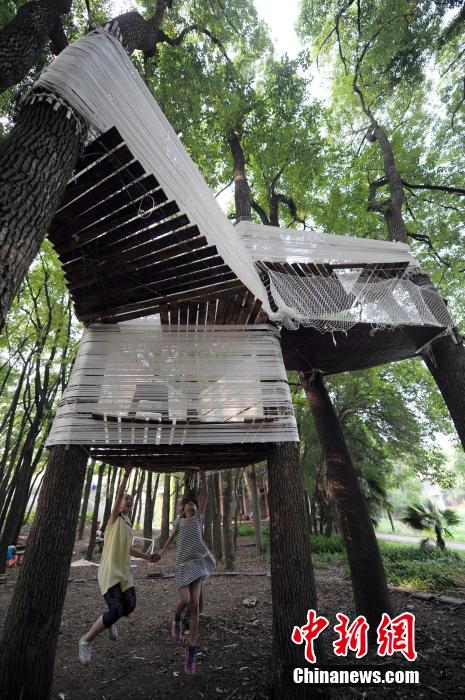 Photo prise le 3 juin 2014 montrant une cabane dans les arbres dans un bois près de l’Institut d’architecture et d’urbanisme de l’Université des Sciences et des Technologies de Huazhong, à Wuhan, la province du Hubei (centre de la Chine).