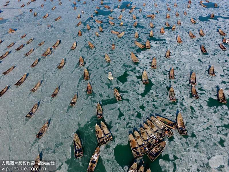 Mer de Bohai et mer Jaune : des bateaux de pêche pris dans les glaces