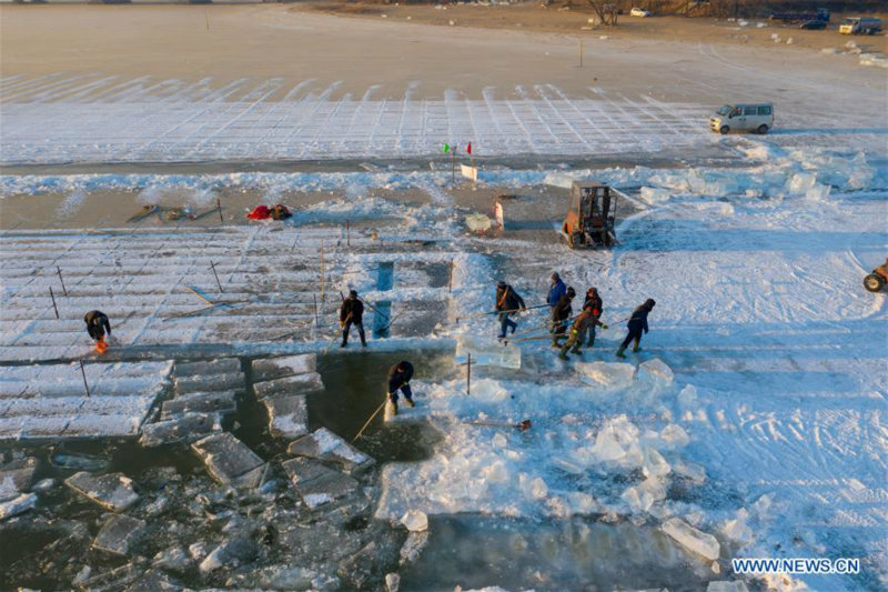 Heilongjiang : des travailleurs recueillent de la glace sur la rivière Songhua à Harbin