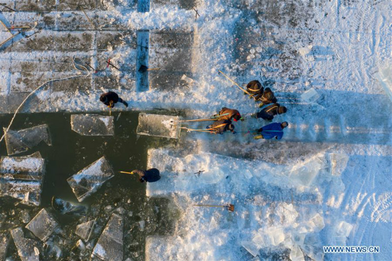 Heilongjiang : des travailleurs recueillent de la glace sur la rivière Songhua à Harbin