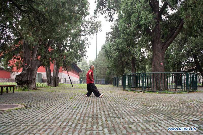 Les personnes agées pratiquent l'aérobic traditionnel au parc du Temple du Ciel à Beijing