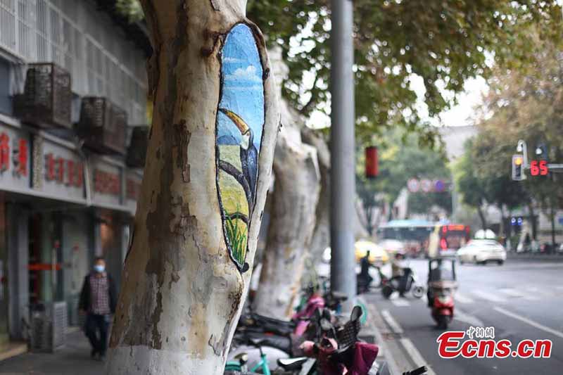 Des peintures d'animaux sur des troncs colorent la ville de Nanjing