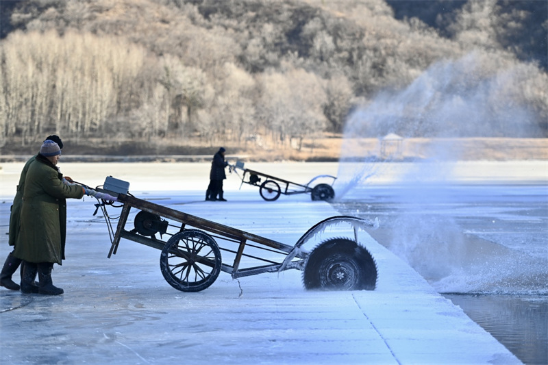 Des ouvriers collectent de la glace pour le Festival des lanternes de glace à Beijing