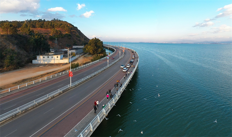 Yunnan : la plus belle route de Kunming vue du ciel, avec des goélands à bec rouge volant dans l'eau et le ciel