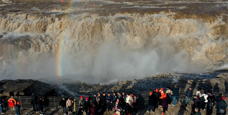 Shanxi : la cascade de Hukou du fleuve Jaune conna?t une ? crue des fleurs de pêcher ? dans le comté de Ji'xian