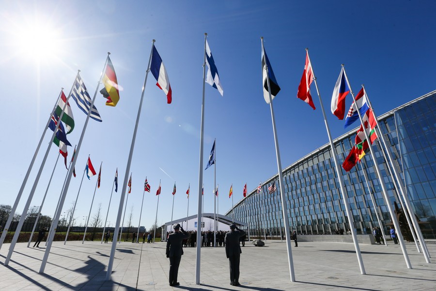 Une cérémonie d'adhésion de la Finlande à l'OTAN au siège de l'OTAN à Bruxelles, en Belgique, le 4 avril 2023. (Xinhua/Zheng Huansong)