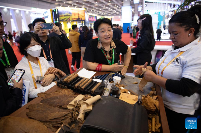 A Shanghai, le stand des pays invités d'honneur attire les visiteurs de la 6e CIIE