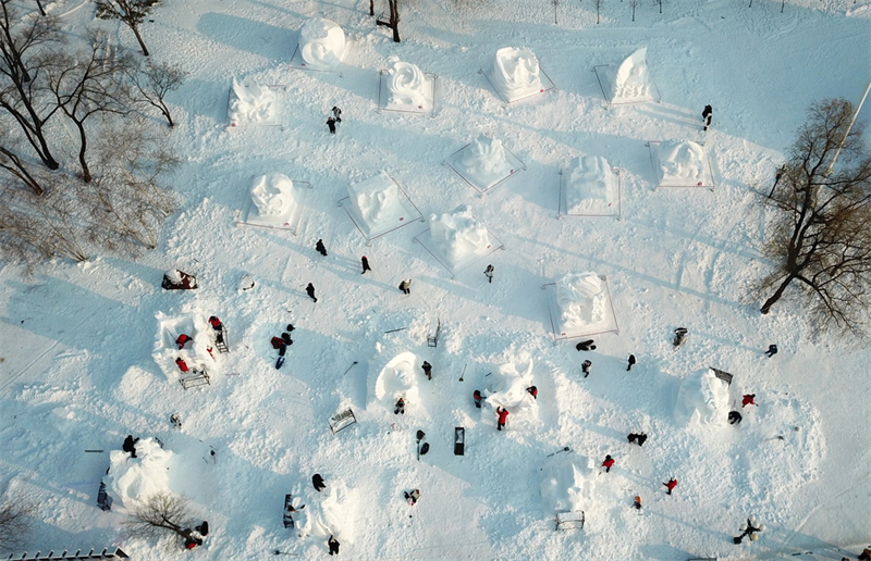 Heilongjiang : les participants créent des sculptures sur neige au 30e Concours national de sculpture sur neige de Harbin