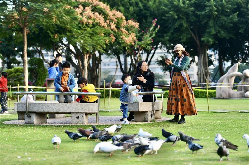 Des touristes jouent dans le parc de l'?le de l'Aigrette Blanche au sein du lac Qinhu, à Xiamen, dans la province du Fujian (sud-est de la Chine). (Photo / Zhang Jiangyi)