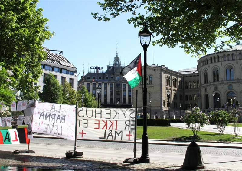 Photo prise le 22 mai 2024 montrant un drapeau national de la Palestine près du Storting, siège du Parlement norvégien, à Oslo, capitale de la Norvège. (Xinhua/Chen Yaqin)