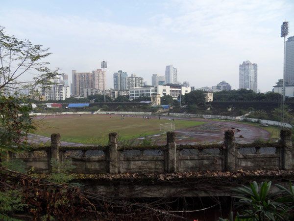 Les mauvaises herbes poussent sur la balustrade du Stade de Datianwan -qui fut était autrefois le premier de stade de classe A après la fondation de la République Populaire de Chine en 1949- dans la Municipalité de Chongqing, dans le Sud-Ouest de la Chine, le 26 novembre 2012. [Photo: Yu Changjiang / Asianewsphoto] 