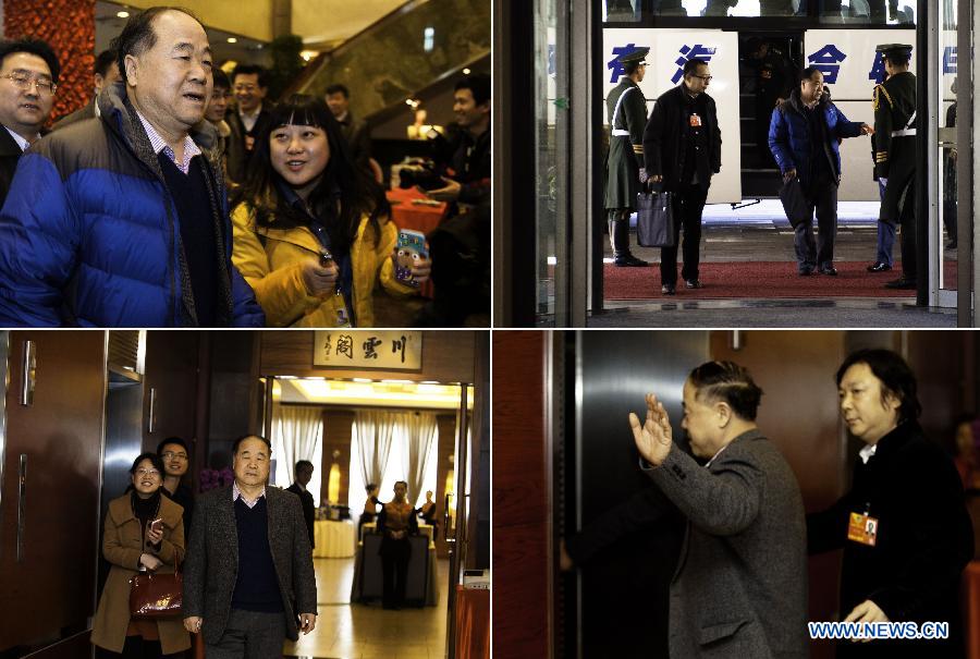 Mo Yan, le lauréat du prix Nobel de littérature 2012 et membre du 12e Comité national de la Conférence consultative politique du peuple chinois (CCPPC), arrive dans un h?tel reservé aux membres de la CCPPC à Beijing, le 1er mars 2013. La première session du 12e Comité national de la CCPPC s'ouvrira le 3 mars.