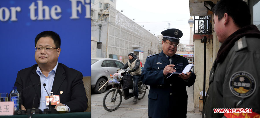 Photo combinée de Zhu Liangyu, employé d'une entreprise de services de sécurité dans l'arrondissement de Haidian à Beijing (photo prise le 2 mars 2013) et député à la 12e Assemblée populaire nationale (APN, Parlement chinois) lors d'une conférence de presse à Beijing le 10 mars 2013. Six députés de la base ont été invités dimanche à participer à une conférence de presse tenue par la première session de la 12e APN.