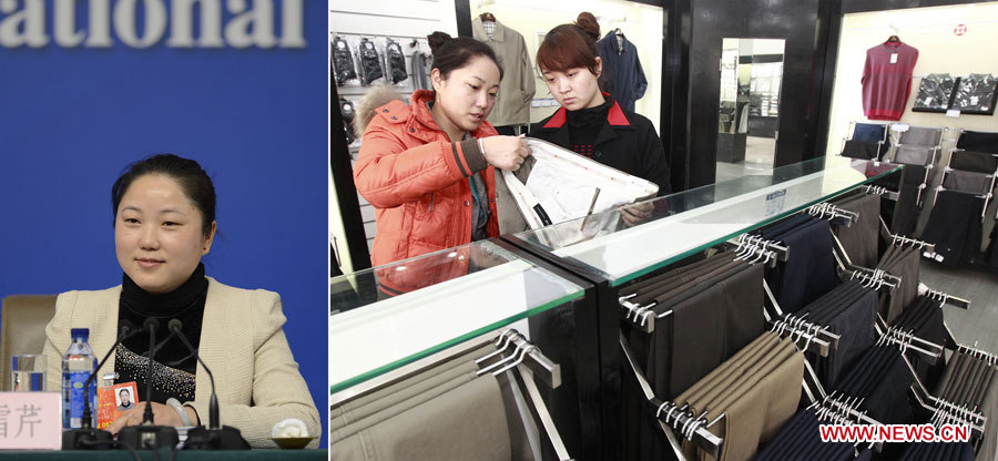 Photo combinée de Zhu Xueqin, vendeuse dans un magasin de vêtements à Shanghai (photo prise le 28 février 2011) et députée à la 12e Assemblée populaire nationale (APN, Parlement chinois) lors d'une conférence de presse à Beijing le 10 mars 2013. Six députés de la base ont été invités dimanche à participer à une conférence de presse tenue par la première session de la 12e APN.