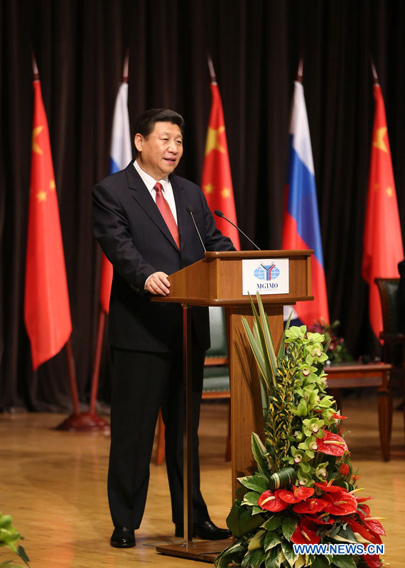 Le président chinois Xi Jinping prononce un discours à l'Institut des relations internationales de Moscou, le 23 mars 2013. (Photo : Ding Lin)