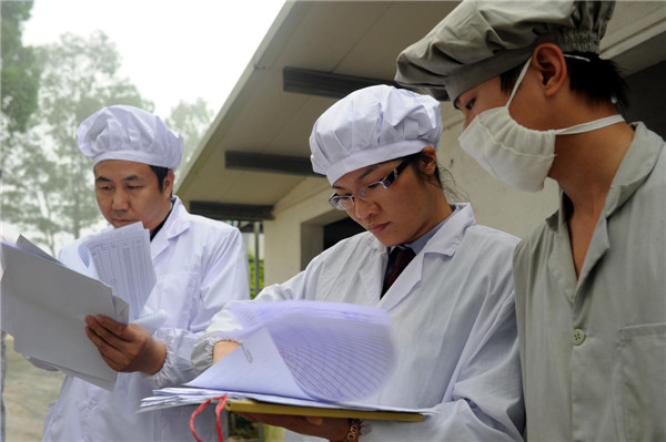 Des membres du personnel du Bureau de l'Inspection des Entrées et Sorties et de la Quarantaine du Guangdong prélèvent des échantillons de sang d'un poulet pour inspection à Guangzhou, le 16 avril 2013. Le bureau prend des mesures pour assurer la sécurité des volailles expédiées à Hong Kong et Macao, comme l'examen des fermes d'élevages de volailles agréées, la surveillance des agents pathogènes de la grippe aviaire, et l'inspection des volailles vivantes avant l'exportation. A la date du 16 avril, aucun H7N9 cas n'avait été été détectés dans les 39 fermes d'élevage de volailles enregistrées placées sous la juridiction du bureau. [Photo / Xinhua]