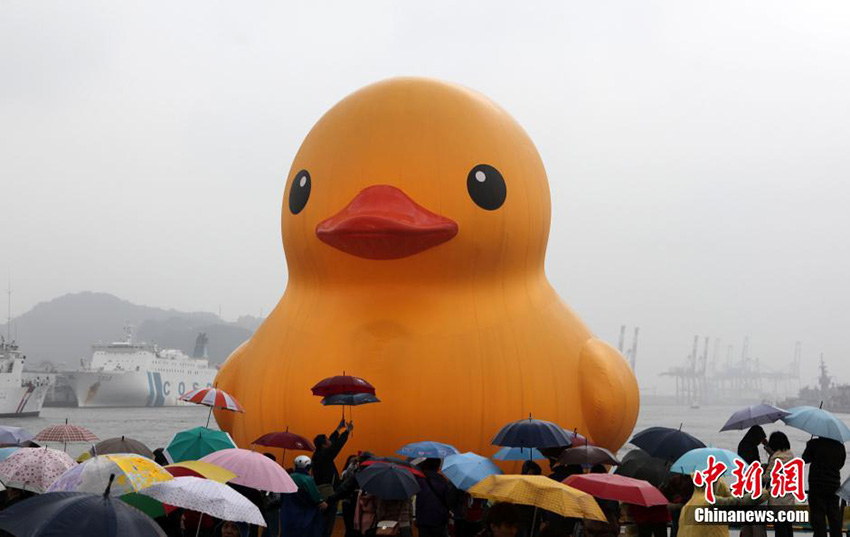 Le 21 décembre, le célèbre canard géant jaune a fait son apparition officielle dans le port de Jilong, à Taiwan. Au lieu d'atteindre 10 000 personnes toute la journée, le nombre des visiteurs a été fortement réduit à cause du mauvais temps. Le père du canard géant jaune, Florentijn Hofman, irrité par les idées telles que ? la rotation à 360 degrés ?, n'a pas assisté à la cérémonie d'ouverture. Source : China News Service [Photo / Donghuifeng]