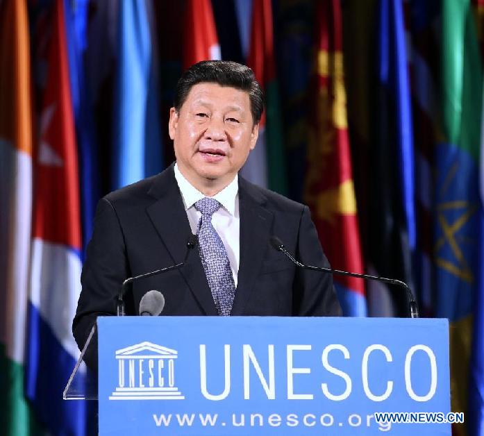 Le président chinois Xi Jinping donne un discours au siège de l'UNESCO à Paris, le 27 mars 2014. Il appelle à accro?tre les efforts à l'échelle mondiale pour promouvoir les échanges et l'inspiration mutuelle et parvenir à la coexistence harmonieuse entre les différentes civilisations.