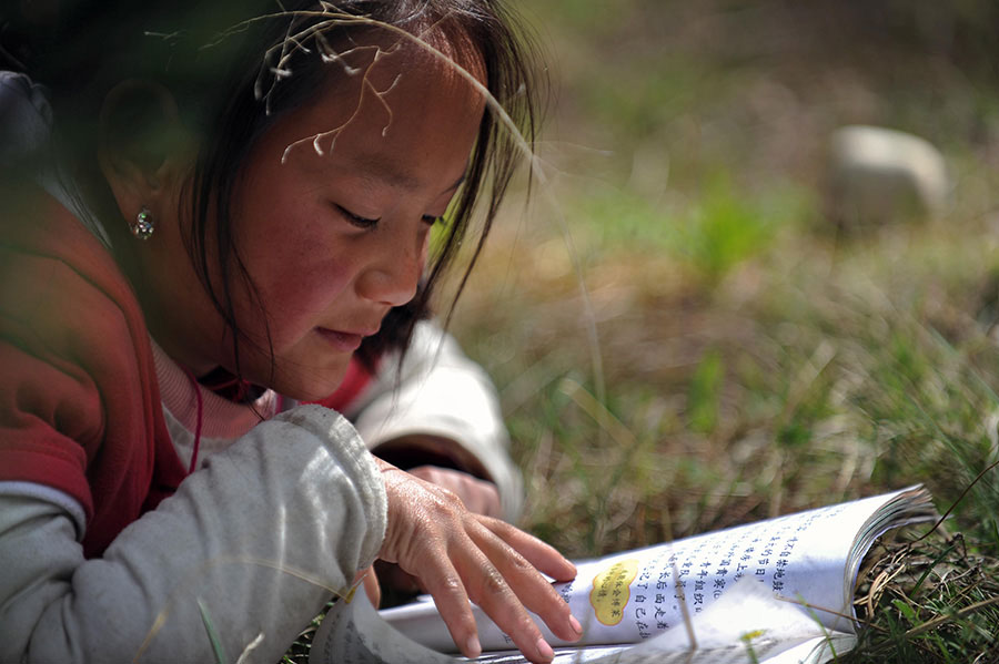 Photo: Le 11 mai 2011, à l'école primaire Nanyilouba du district de Milin de la préfecture de Nyingchi dans la région autonome du Tibet en Chine, Nimazuo une élève de 3e année lit dans un parc de son établissement. (Photo : Xinhua/Yao Jianfeng)